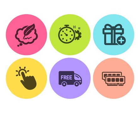 Touchpoint, Copyright chat and Add gift icons simple set. Cogwheel timer, Free delivery and Ram signs. Touch technology, Speech bubble. Business set. Flat touchpoint icon. Circle button. Vector