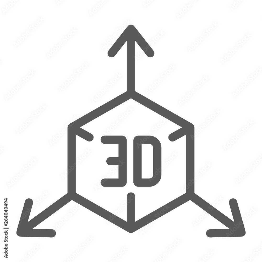 Poster 3d object line icon, cube and rotation, 3d modeling sign, vector graphics, a linear pattern on a whi