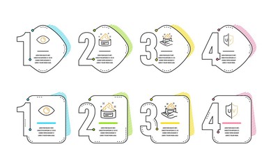 Eye, Skin care and Skin cream icons simple set. Uv protection sign. View or vision, Hand cream, Medical cosmetic. Ultraviolet. Medical set. Infographic timeline. Line eye icon. 4 options or steps