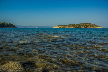 south European scenic landscape Aegean sea bay picturesque island view with water surface foreground in fresh spring season weather time