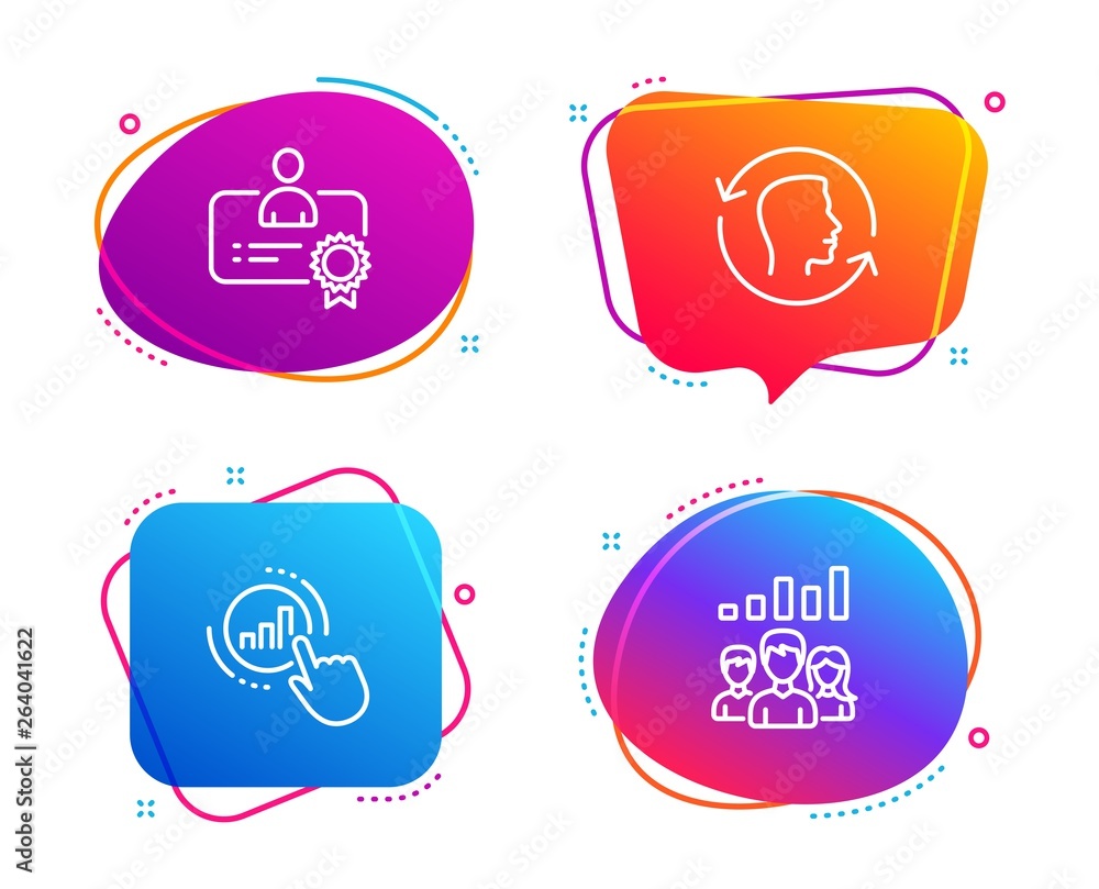 Poster certificate, face id and graph chart icons simple set. teamwork results sign. best employee, identif