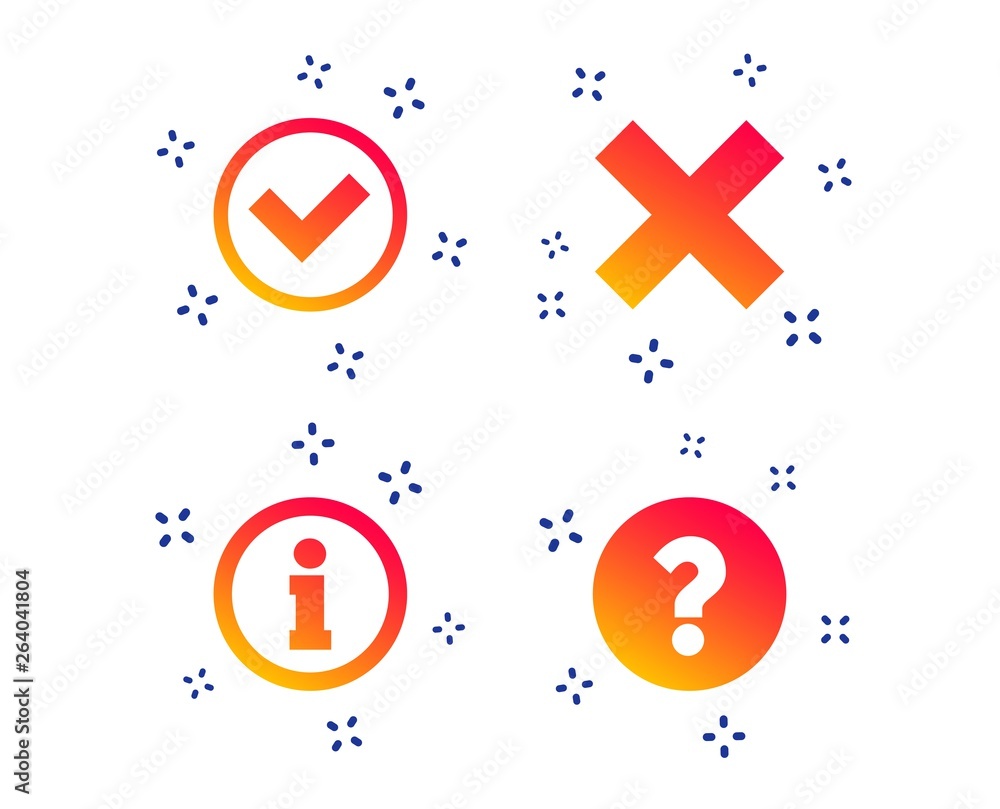 Poster information icons. delete and question faq mark signs. approved check mark symbol. random dynamic sh
