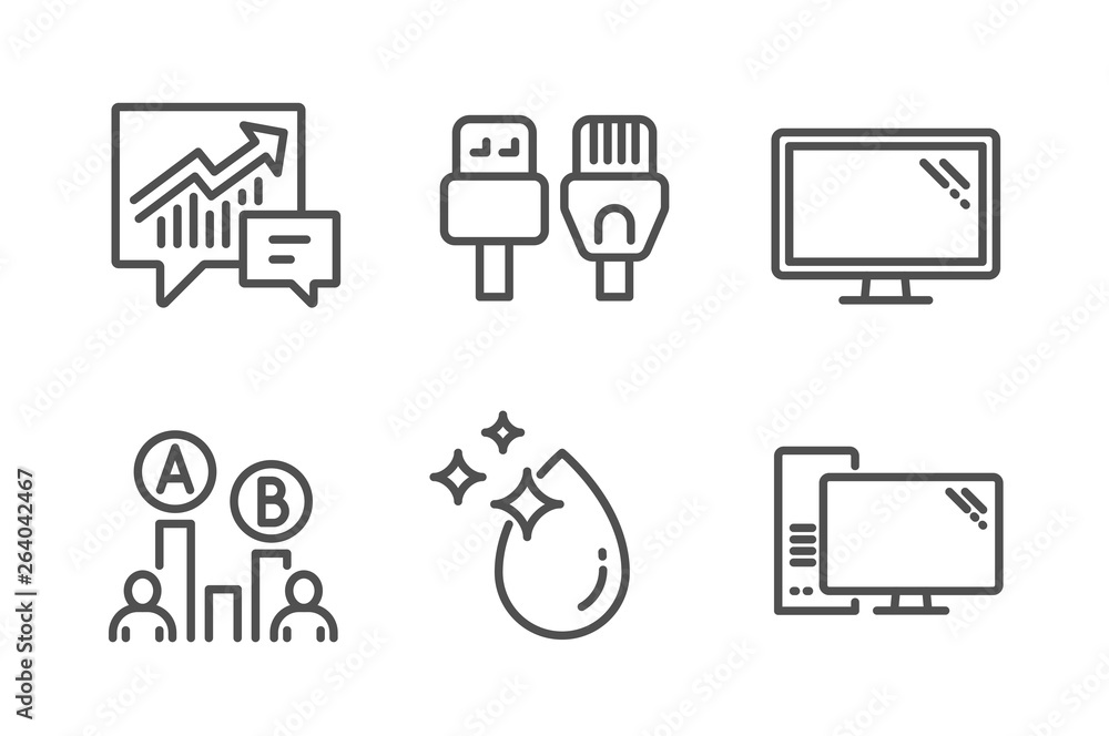 Poster ab testing, accounting and computer cables icons simple set. water drop, monitor and computer signs.