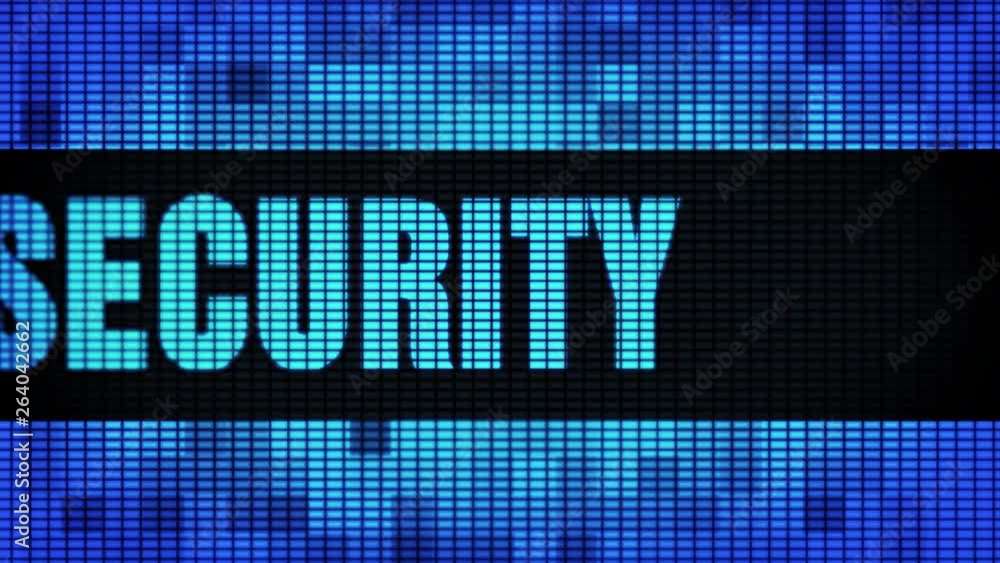 Poster electronic security front text scrolling on light blue digital led display board pixel light screen 