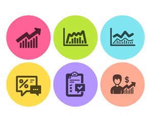 Fototapeta premium Trade infochart, Checklist and Demand curve icons simple set. Discounts, Infographic graph and Business growth signs. Business analysis, Survey. Finance set. Flat trade infochart icon. Circle button