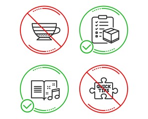 Do or Stop. Parcel checklist, Cappuccino and Music book icons simple set. Quick tips sign. Logistics check, Coffee cup, Musical note. Tutorials. Line parcel checklist do icon. Prohibited ban stop