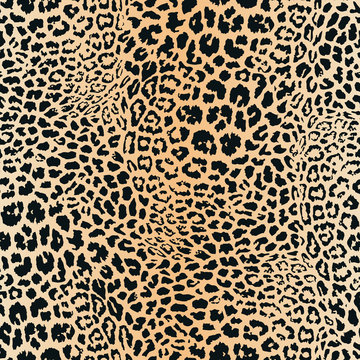 Leopard print. Vector seamless pattern. Animal skin background with black and brown spots on beige backdrop. Abstract exotic jungle texture. Repeat design for decor, fabric, textile, wallpapers, cloth