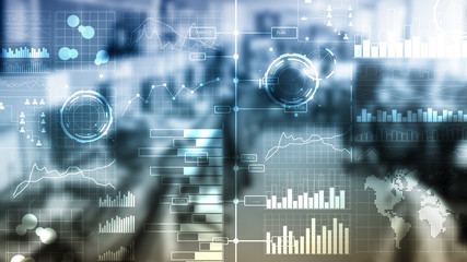 Business intelligence. Diagram, Graph, Stock Trading, Investment dashboard, transparent blurred...