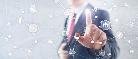 Business process structure industrial workflow diagram automation innovation concept on virtual screen mixed media