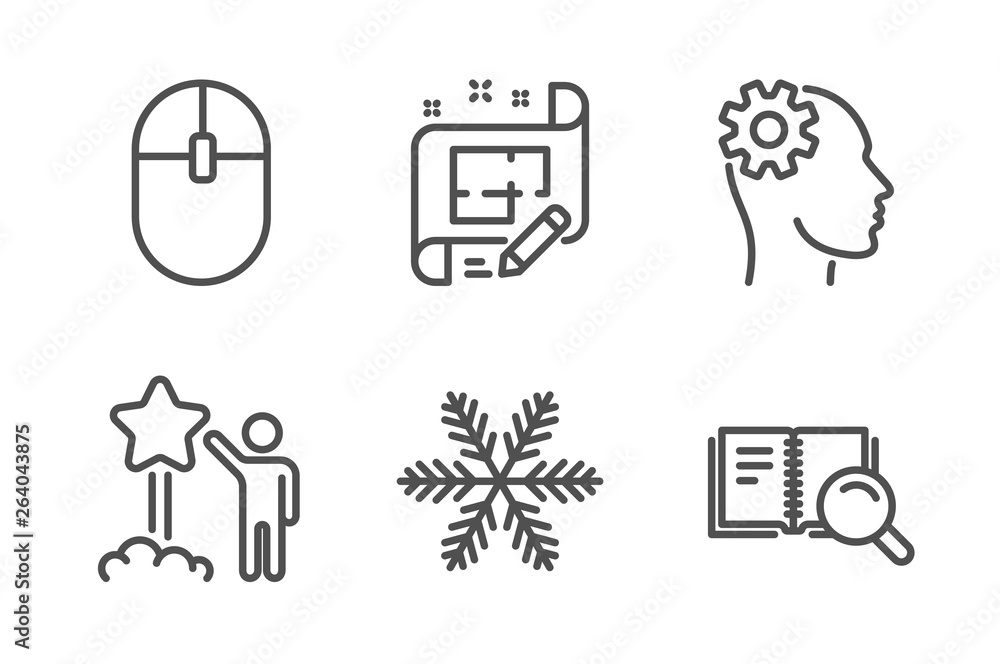 Poster engineering, architect plan and computer mouse icons simple set. star, snowflake and search book sig