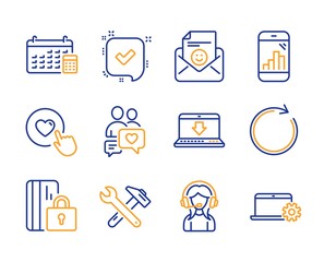 Spanner tool, Calendar and Dating chat icons simple set. Like button, Blocked card and Smile signs. Synchronize, Graph phone and Internet downloading symbols. Line spanner tool icon. Colorful set