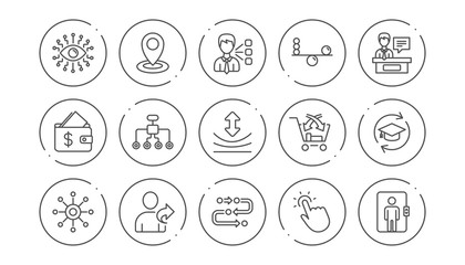 Fototapeta premium Artificial intelligence, Balance and Refer friend line icons. Timeline, Multichannel. Linear icon set. Line buttons with icon. Editable stroke. Vector