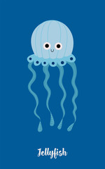 Light blue jellyfish on blue background. The style cartoon. Vector