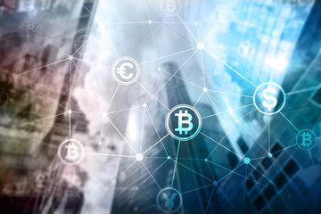 Double exposure Bitcoin and blockchain concept. Digital economy and currency trading.