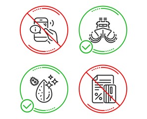 Do or Stop. Ship, Call center and Dirty water icons simple set. Credit card sign. Shipping watercraft, Phone support, Aqua drop. Loan percent. Line ship do icon. Prohibited ban stop. Good or bad