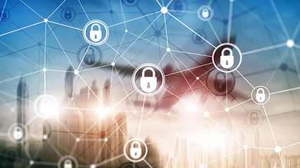 Cyber security, information privacy, data protection concept on modern server room background. Internet and digital technology concept