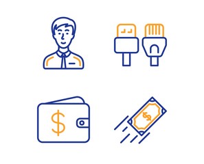 Computer cables, Dollar wallet and Businessman person icons simple set. Fast payment sign. Rj45 internet, Cash money, Male user. Finance transfer. Linear computer cables icon. Colorful design set