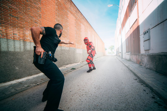 Tactical police training. Man with anti-shock clothing.