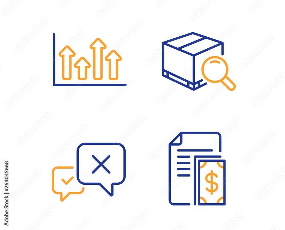 Poster search package, reject and upper arrows icons simple set. payment sign. tracking service, delete mes