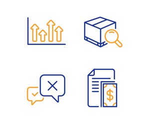 Search package, Reject and Upper arrows icons simple set. Payment sign. Tracking service, Delete message, Growth infochart. Cash money. Linear search package icon. Colorful design set. Vector
