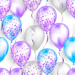 Seamless pattern made of shiny realistic 3D helium balloons for your design. Glossy balloons with glitter and ribbon, perfect decoration for birthday party brochures, invitation card or baby shower