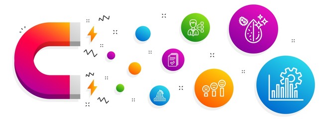 Magnet attracting. Handout, Roller coaster and Customer satisfaction icons simple set. Third party, Dirty water and Seo graph signs. Documents example, Attraction park. Technology set. Vector