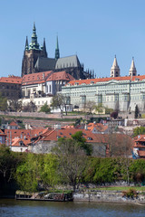 Obraz premium Wiosenna zieleń Praga Mała Strana z gotyckim zamkiem nad rzeką Wełtawą w słoneczny dzień, Republika Czeska