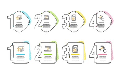 Seo laptop, Documentation and Bitcoin chart icons simple set. Graph chart sign. Search engine, Project, Cryptocurrency statistics. Get report. Technology set. Infographic timeline. Vector