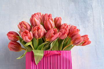 Pink tulips in pink paper bag. Copy space. Holiday concept, greeting card.