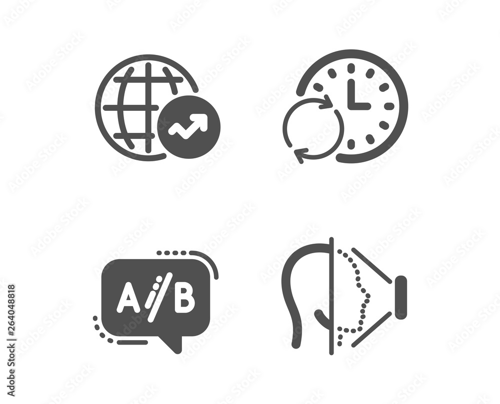 Poster set of ab testing, world statistics and update time icons. face id sign. test chat, global report, r