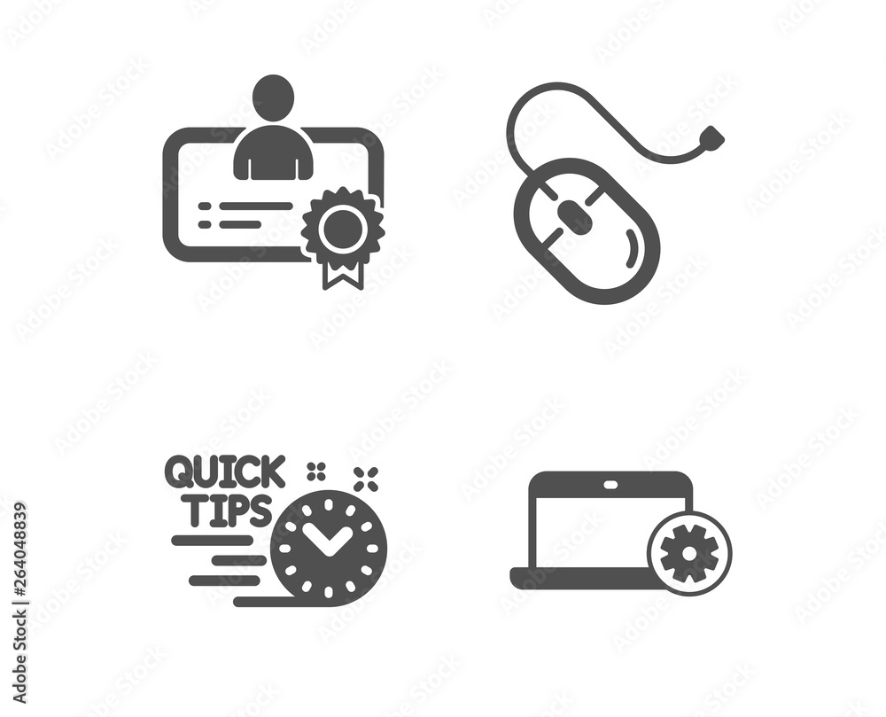 Poster set of certificate, quick tips and computer mouse icons. notebook service sign. best employee, helpf