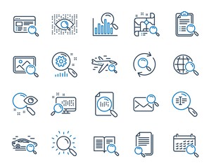 Search line icons. Photo indexation, Artificial intelligence, Car rental icons. Airplane flights, Web search engine, Analytics. Find photo, checklist document, artificial intelligence eye. Vector