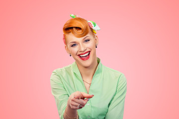 pinup girl pointing finger to you laughing