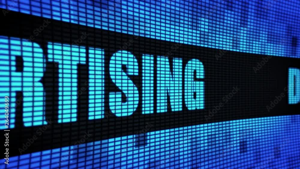 Poster digital advertising side text scrolling on light blue digital led display board pixel light screen l
