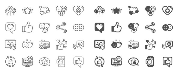 Social media line icons. Set - Share network, Social links and Rating linear icons. Heart, Feedback smile emotion and internet media. Share network, like icon, video content rating and dislike