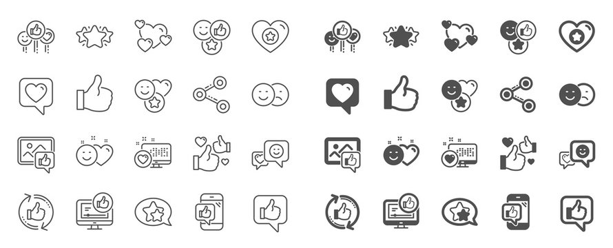 Social media line icons. Set - Share network, Social links and Rating linear icons. Heart, Feedback smile emotion and internet media. Share network, like icon, video content rating and dislike