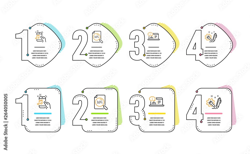 Poster online documentation, search file and music phone icons simple set. engineering sign. web engineerin