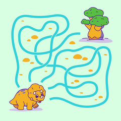 Help cute dino find the right path to tree. Labyrinth. Maze game for kids. Vector illustration.