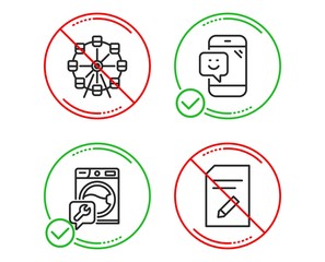 Do or Stop. Ferris wheel, Smile and Washing machine icons simple set. Edit document sign. Attraction park, Phone feedback, Repair service. Page with pencil. Technology set. Line ferris wheel do icon