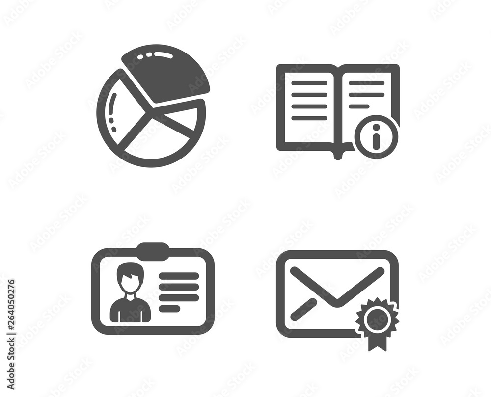 Aufkleber set of pie chart, technical info and identification card icons. verified mail sign. presentation gra