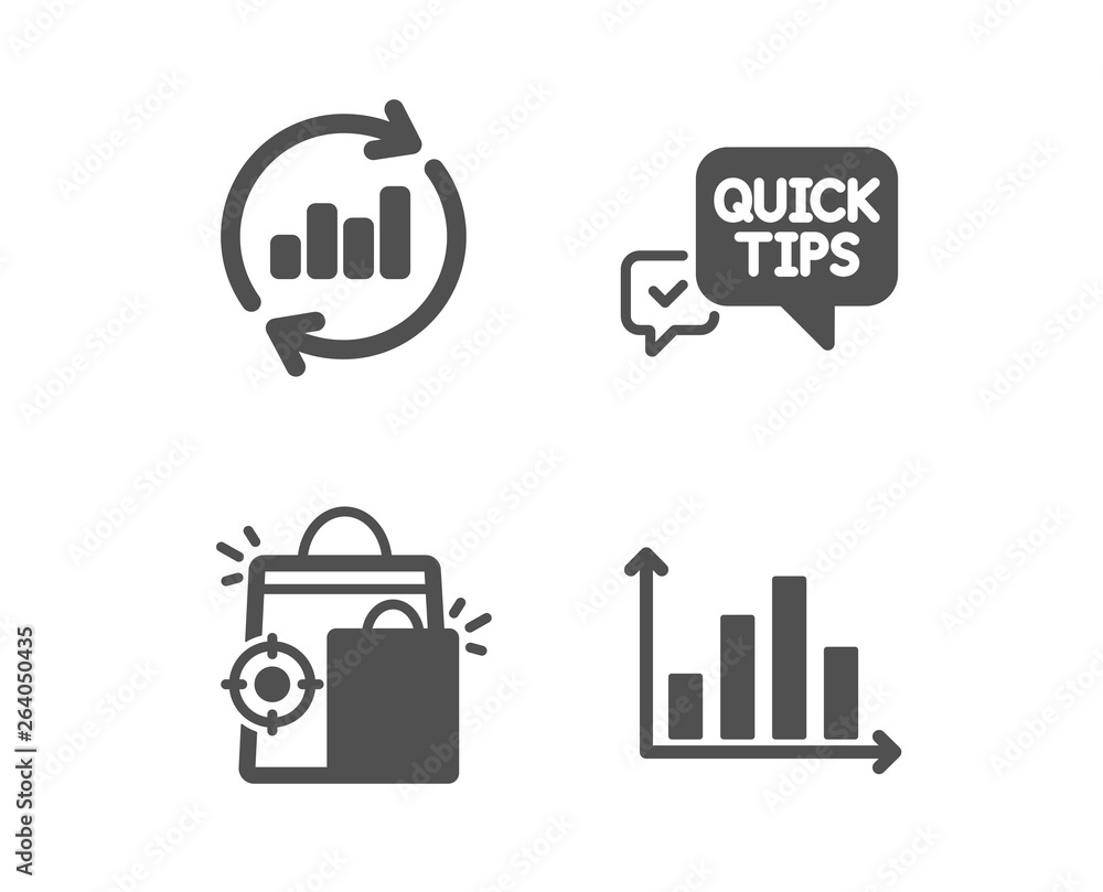 Poster Set of Update data, Seo shopping and Quick tips icons. Diagram graph sign. Sales chart, Analytics, Helpful tricks. Presentation chart.  Classic design update data icon. Flat design. Vector