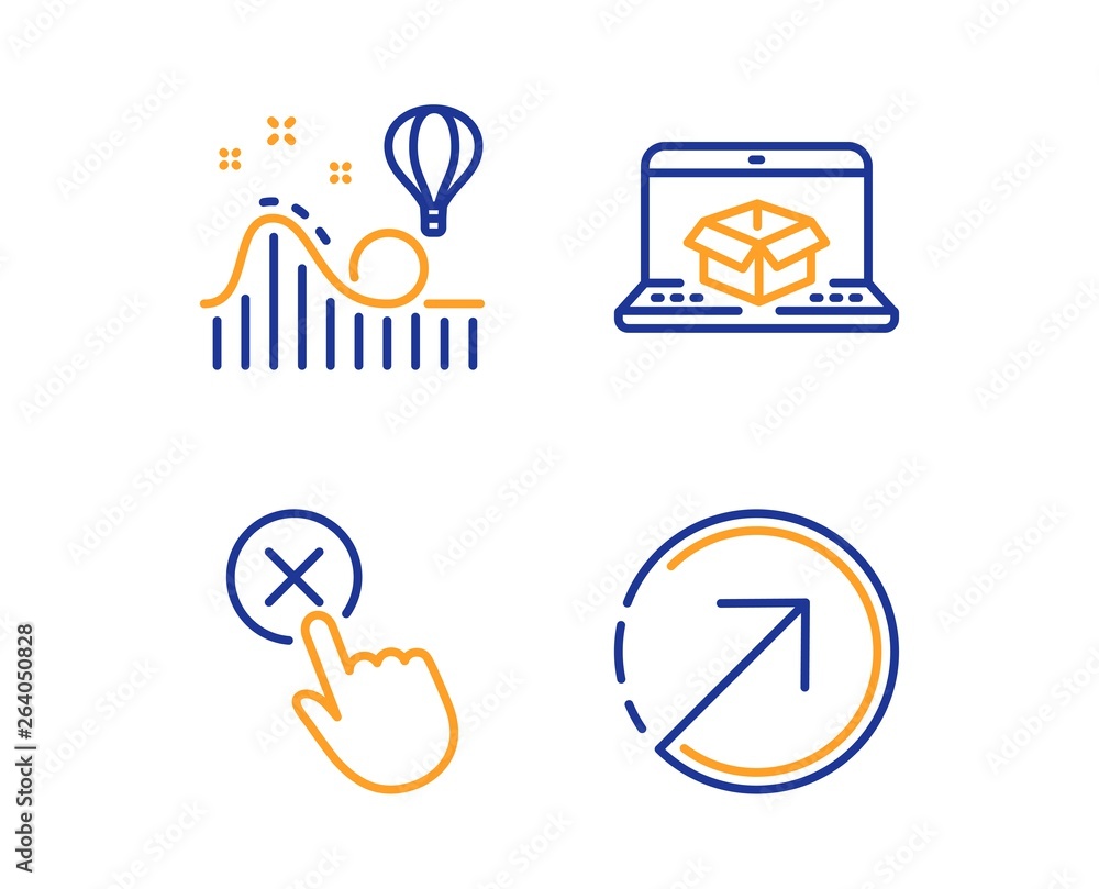 Poster online delivery, reject click and roller coaster icons simple set. direction sign. parcel tracking w