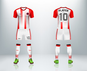 3D realistic mock up of front and back of soccer jersey shirt. Concept for soccer team uniform or football apparel mockup. Red stripe soccer kit t-shirt template design in vector illustration.