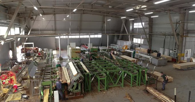 Processing of wood on a conveyor belt at a woodworking factory top view. The premises of a modern woodworking factory overall plan