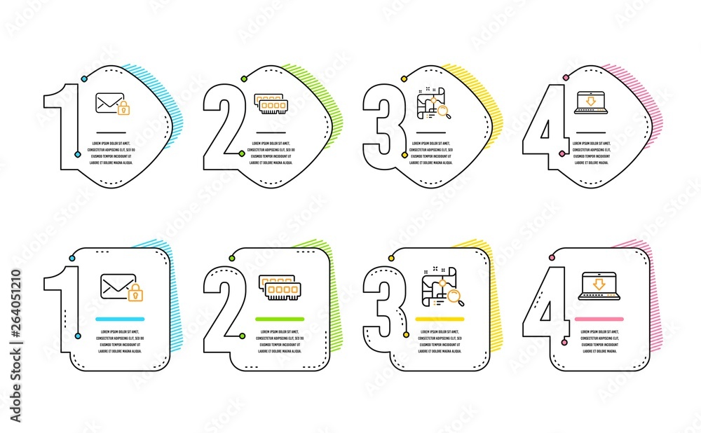 Poster ram, search map and secure mail icons simple set. internet downloading sign. random-access memory, f