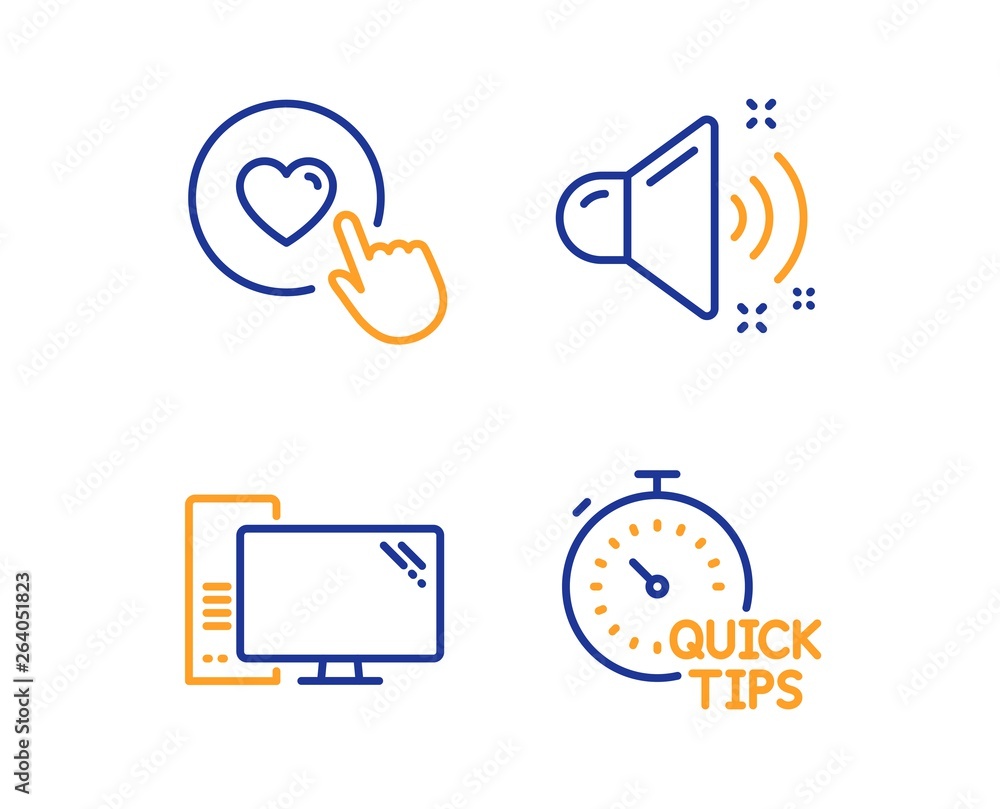 Poster loud sound, computer and like button icons simple set. quick tips sign. music, pc component, press l