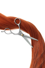 Red hair and scissors on white background, top view. Hairdresser service