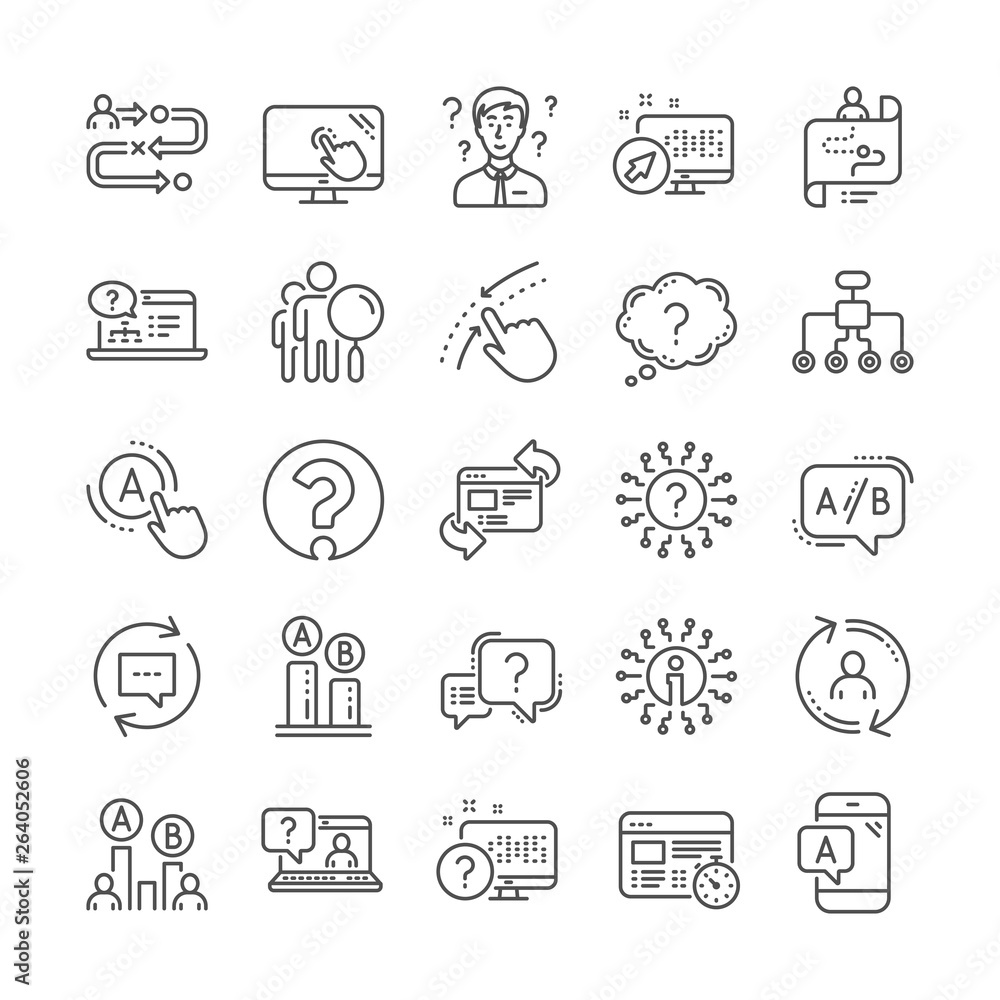 Poster ux line icons. set of question mark, ab testing and journey path map icons. usability quiz test, ux 