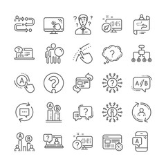 UX line icons. Set of Question mark, AB testing and Journey path map icons. Usability quiz test, Ux Ui and User flow. Project process, ab testing graph, survey test results. Quiz question. Vector