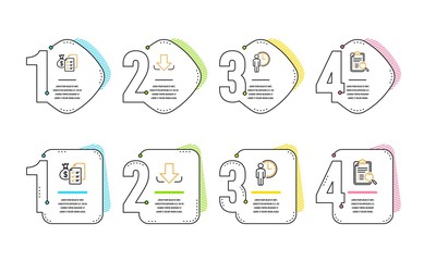 Waiting, Accounting wealth and Download icons simple set. Search analysis sign. Service time, Audit report, Load file. Find survey. Technology set. Infographic timeline. Line waiting icon. Vector